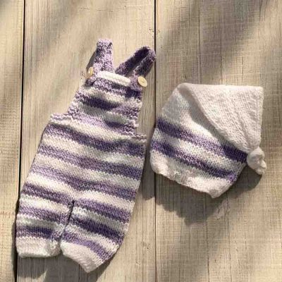 لباس بافت نوزادی 2 تکه راه راه سفید بنفش